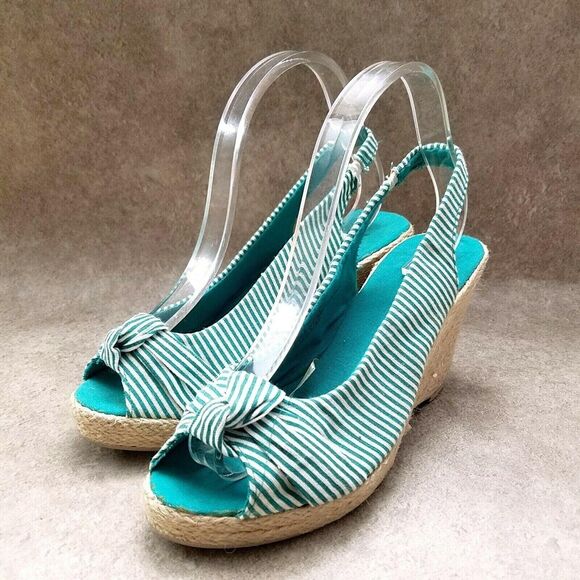 Dots Womens Joon 2  Sz 9 M Green Stripes Peep Toe Slingback 3.5" Heels Wedge - Picture 3 of 10